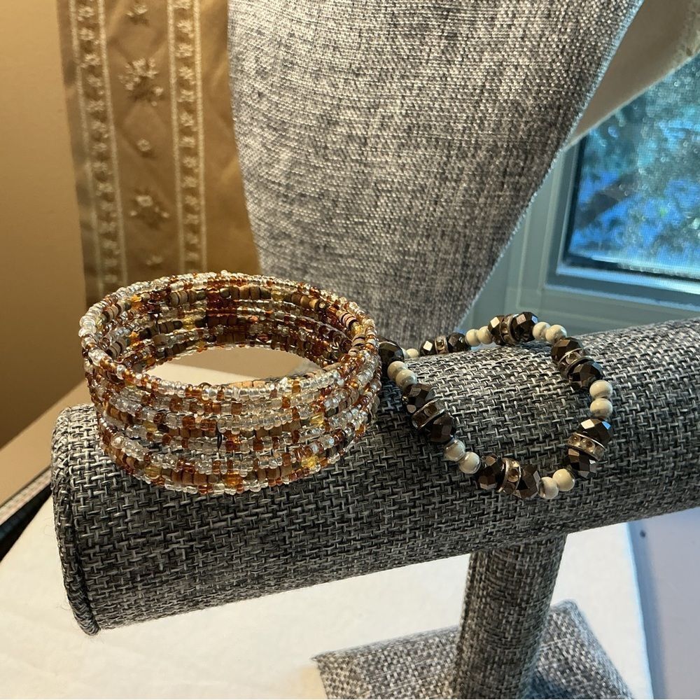 Beaded Bracelet Set of 2 Browns and Creams